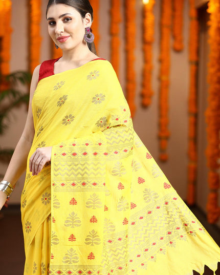 Women`s Bengal Tant Abhrak Work Design Handloom Cotton Saree With Blouse Piece (Yellow)