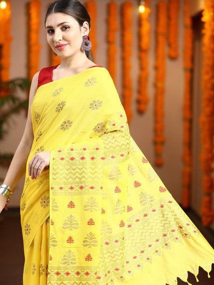 Women`s Bengal Tant Abhrak Work Design Handloom Cotton Saree With Blouse Piece (Yellow)