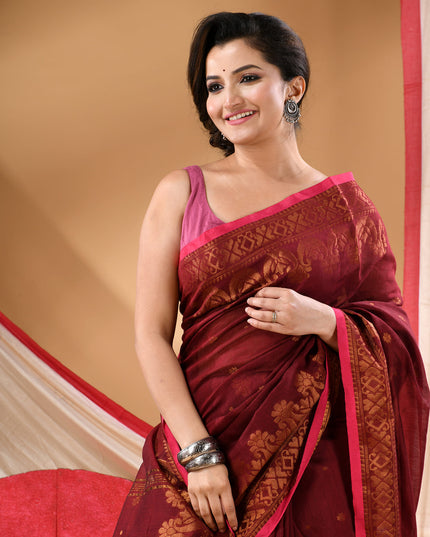 Women cotton silk tant handloom saree mysore party, wear sarees latest, design wedding, kanjivaram georgette chiffon saree soft silk cotton Senzia design sarees for women (Brown)