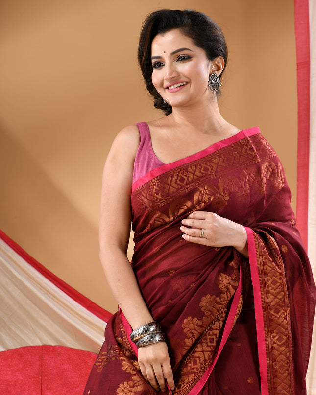 Women cotton silk tant handloom saree mysore party, wear sarees latest, design wedding, kanjivaram georgette chiffon saree soft silk cotton Senzia design sarees for women (Brown)