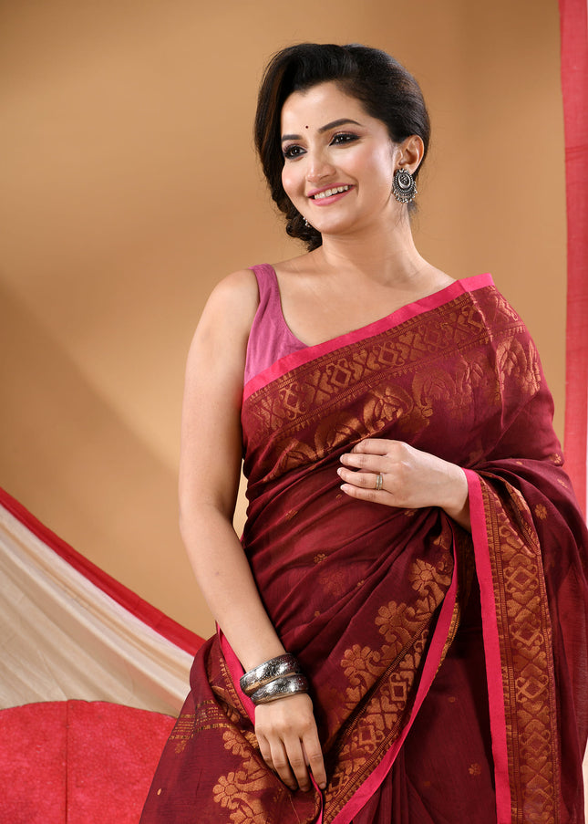 Women cotton silk tant handloom saree mysore party, wear sarees latest, design wedding, kanjivaram georgette chiffon saree soft silk cotton Senzia design sarees for women (Brown)
