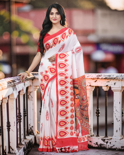 Women`s Bengal Handloom Pure Cotton Saree Dashami Sindur Khela HandPrint Design With Blouse Piece