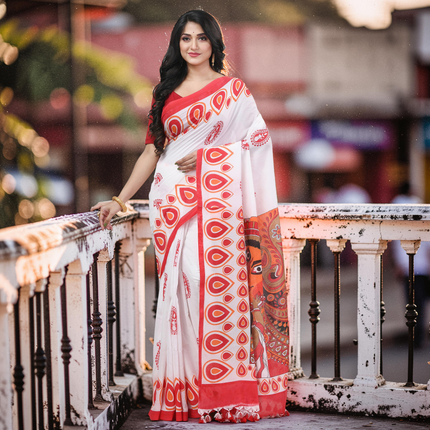 Women`s Bengal Handloom Pure Cotton Saree Dashami Sindur Khela HandPrint Design With Blouse Piece