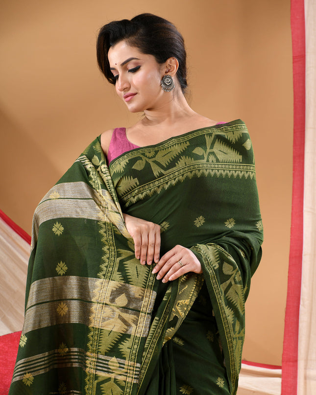 Women cotton silk tant handloom saree mysore party, wear sarees latest, design wedding, ready wear georgette chiffon saree soft silk cotton Taarini design sarees for women (Dark Green)