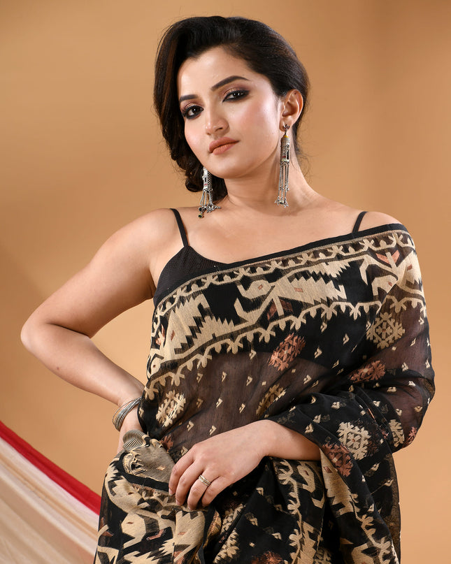 Women's Cotton silk handloom cotton jamdani sarees for women golden party, wear saree latest, Ragini design new, collection tant cotton linen dhakai muslin sarees for women (Black Golden)