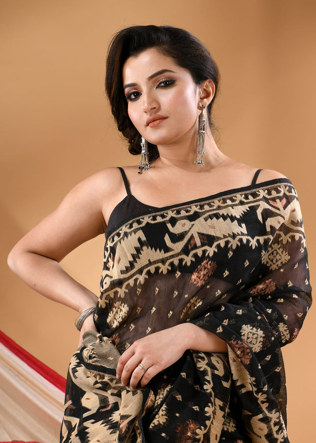 Women's Cotton silk handloom cotton jamdani sarees for women golden party, wear saree latest, Ragini design new, collection tant cotton linen dhakai muslin sarees for women (Black Golden)