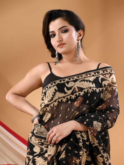 Women's Cotton silk handloom cotton jamdani sarees for women golden party, wear saree latest, Ragini design new, collection tant cotton linen dhakai muslin sarees for women (Black Golden)