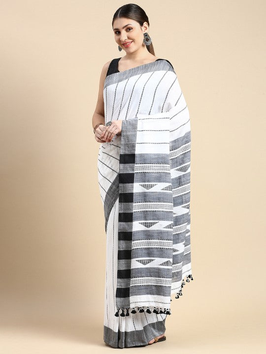 DESH BIDESH Woven Design Striped Pure Cotton Taant Saree