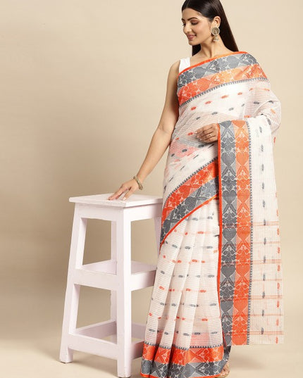 DESH BIDESH White Pure Cotton Taant Saree with Ethnic Motifs and Woven Design Border