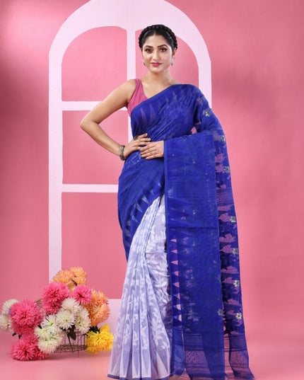 DESH BIDESH Floral Woven Design Pure Cotton Half And Half Jamdani Saree