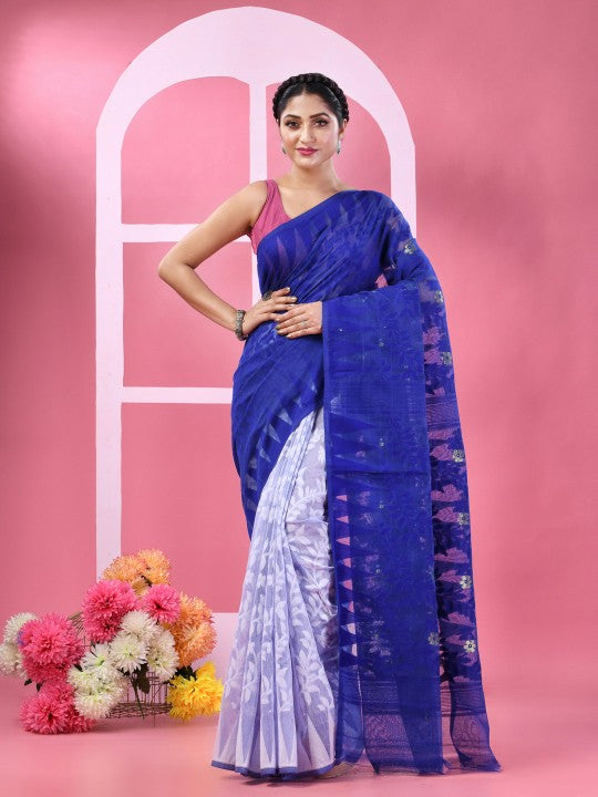 DESH BIDESH Floral Woven Design Pure Cotton Half And Half Jamdani Saree