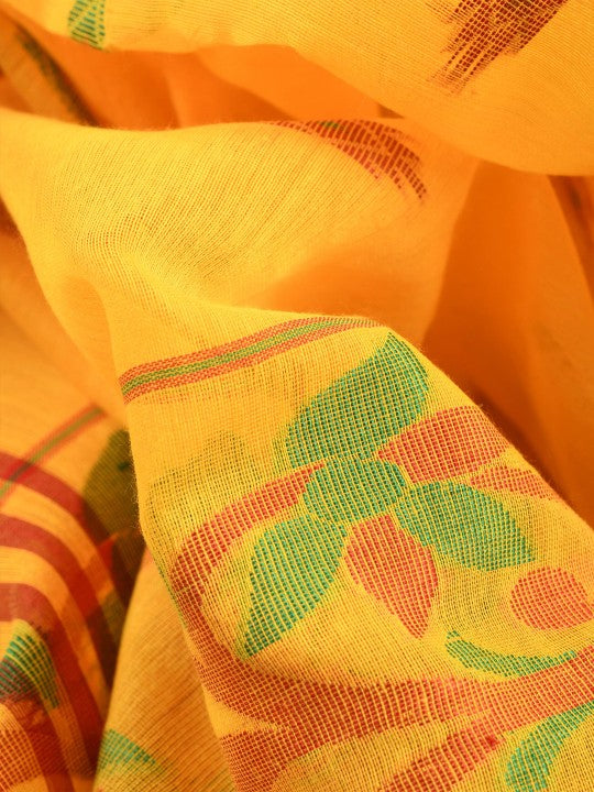 DESH BIDESH Yellow-Green Woven Design Silk Cotton Taant Saree for Women