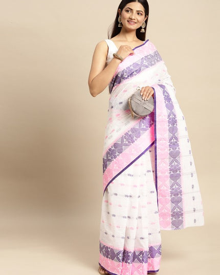 DESH BIDESH White & Pink Ethnic Motifs Pure Cotton Taant Saree