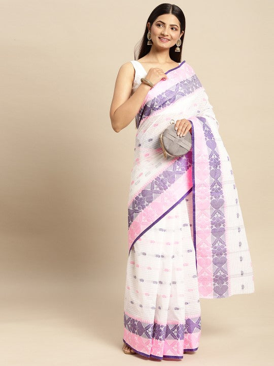 DESH BIDESH White & Pink Ethnic Motifs Pure Cotton Taant Saree