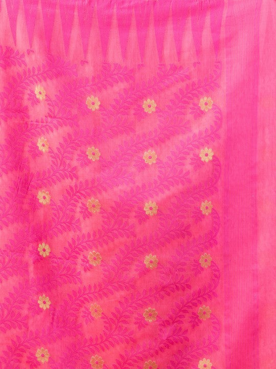 Exquisite Pink Gold-Toned Pure Cotton Jamdani Saree with Ethnic Woven Motifs