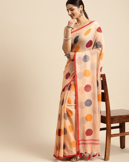 Off White & Maroon Geometric Print Pure Cotton Taant Saree