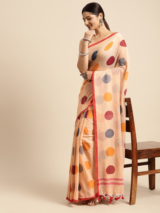 Off White & Maroon Geometric Print Pure Cotton Taant Saree