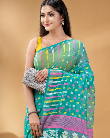 Exquisite Turquoise Blue and Pink Pure Cotton Jamdani Saree with Zari Details