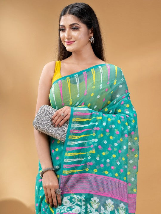 Exquisite Turquoise Blue and Pink Pure Cotton Jamdani Saree with Zari Details