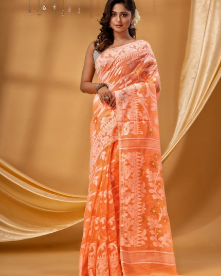 DESH BIDESH Orange White Pure Cotton Jamdani Saree with Woven Floral Design