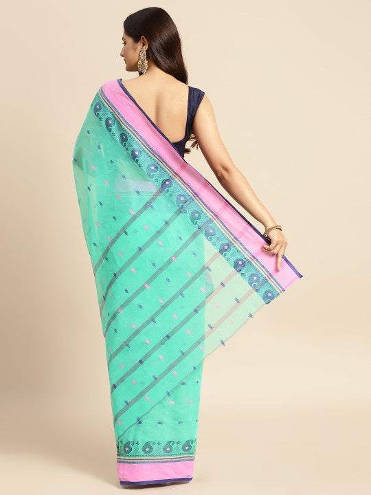 DESH BIDESH Blue Woven Design Pure Cotton Taant Saree