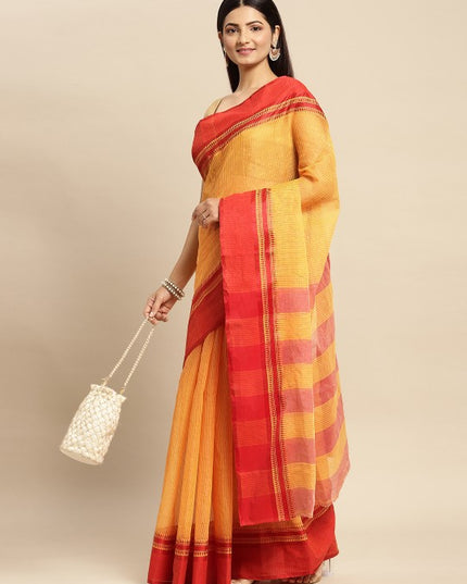 DESH BIDESH Yellow & Orange Woven Design Pure Cotton Taant Saree