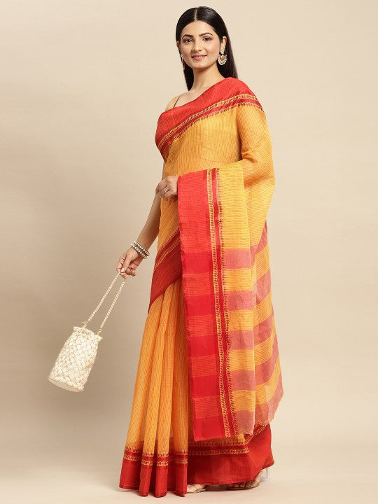 DESH BIDESH Yellow & Orange Woven Design Pure Cotton Taant Saree