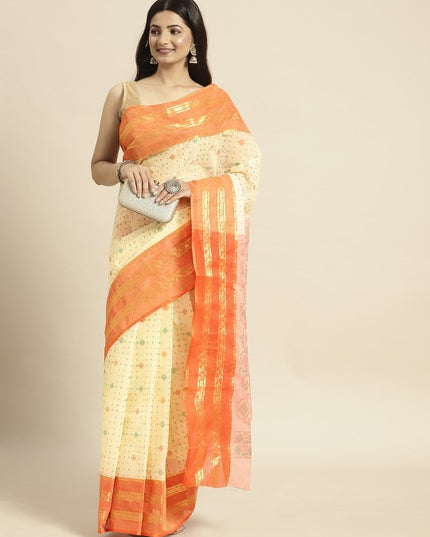 Peach Coloured & Beige Ethnic Motifs Pure Cotton Taant Saree