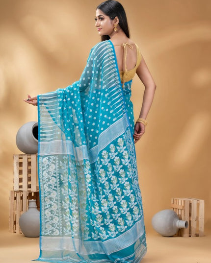 Exquisite Blue & White Pure Cotton Jamdani Saree with Woven Ethnic Motifs