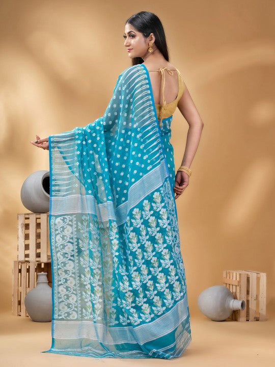 Exquisite Blue & White Pure Cotton Jamdani Saree with Woven Ethnic Motifs