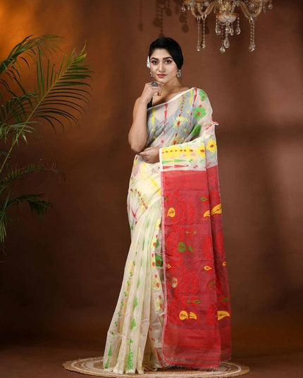 Exquisite Paisley Woven Jamdani Saree for Women: Pure Cotton Handloom Elegance