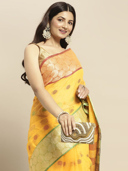 DESH BIDESH Red & Yellow Pure Cotton Taant Saree