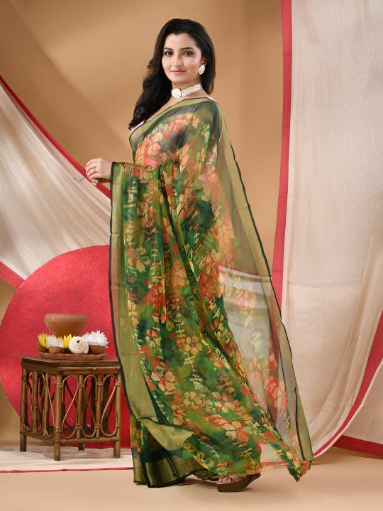 DESH BIDESH Noor E Zari Floral Printed Zari Bandhani Saree