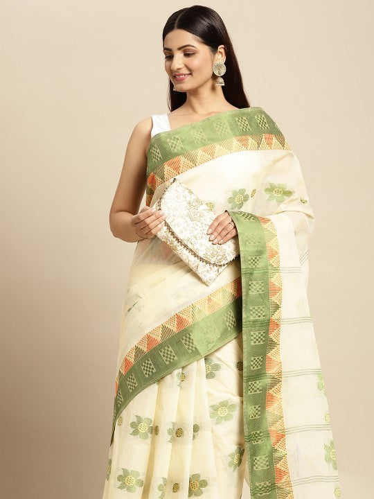 DESH BIDESH Off White & Green Ethnic Motifs Pure Cotton Taant Saree