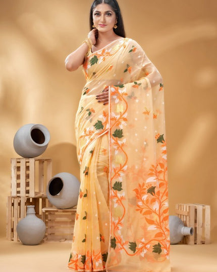 DESH BIDESH Orange Green Pure Cotton Jamdani Saree with Woven Floral Design