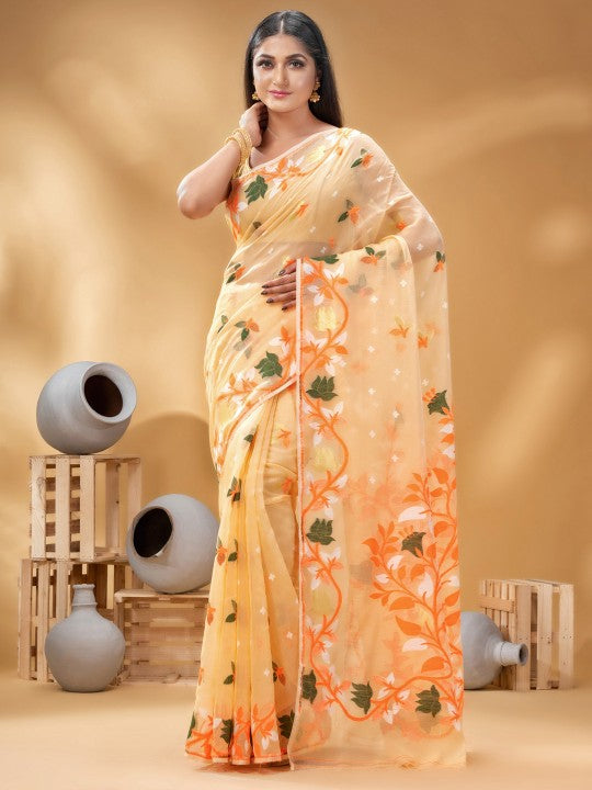 DESH BIDESH Orange Green Pure Cotton Jamdani Saree with Woven Floral Design