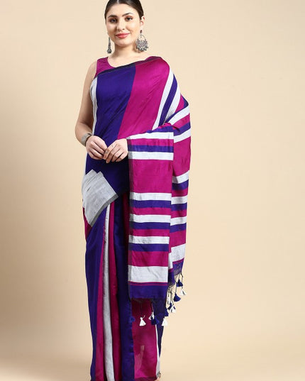 DESH BIDESH Pink & Silver Striped Ghicha Cotton Silk Saree with Unstitched Blouse