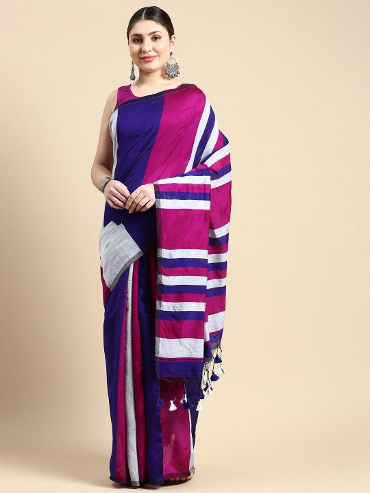 DESH BIDESH Pink & Silver Striped Ghicha Cotton Silk Saree with Unstitched Blouse