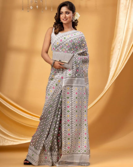 Exquisite Floral Printed Pure Cotton Jamdani Saree with Blouse Piece