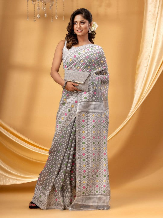 Exquisite Off-White Floral Printed Pure Cotton Jamdani Saree with Blouse Piece