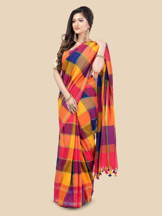DESH BIDESH Checked Pure Cotton Handloom Taant Saree