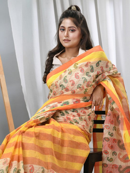 DESH BIDESH Paisley Printed Pure Cotton Taant Saree