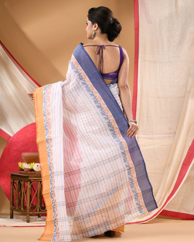 Women Tant cotton saree for woman party, wear sarees cotton georgette handloom wedding new chiffon collection sarees for women latest, Chitralekha design (Blue Orange)