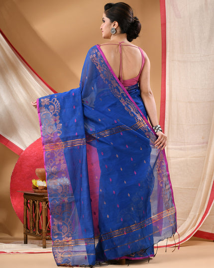 Women cotton silk tant handloom saree mysore party, wear sarees latest, design wedding, banarasi design georgette saree soft silk cotton MidNight Zari sarees for women (Blue)