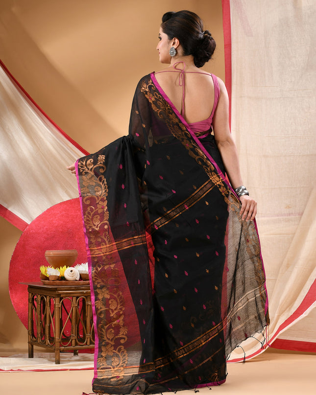 Women cotton silk tant handloom saree mysore party, wear sarees latest, design wedding, banarasi design georgette saree soft silk cotton MidNight Zari sarees for women (Black)