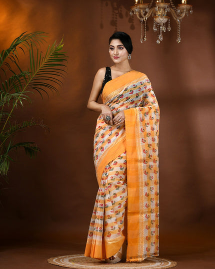Floral Printed Zari Pure Cotton Taant Saree for Women by DESH BIDESH