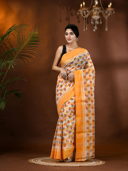 Floral Printed Zari Pure Cotton Taant Saree for Women by DESH BIDESH