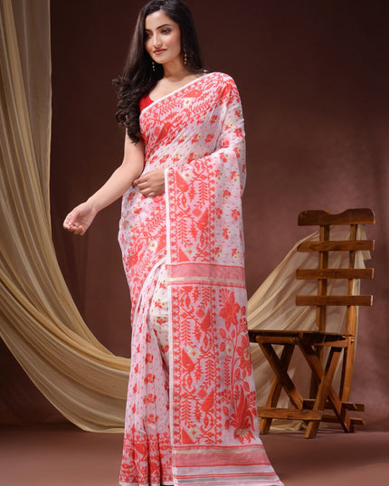 DESH BIDESH Women's Elegant Floral Woven Pure Cotton Jamdani Saree