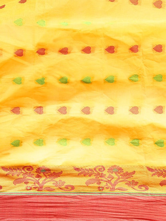 DESH BIDESH Yellow & Red Ethnic Motifs Pure Cotton Taant Saree