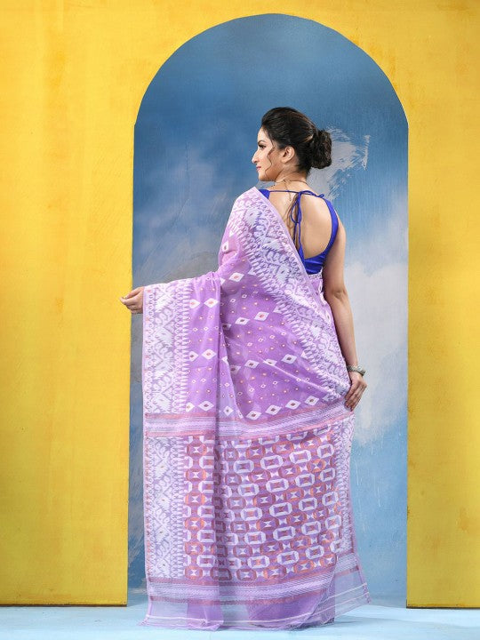 Exquisite Lavender Cotton Silk Blend Handloom Soft Golden Zari Jamdani Saree with Woven Design
